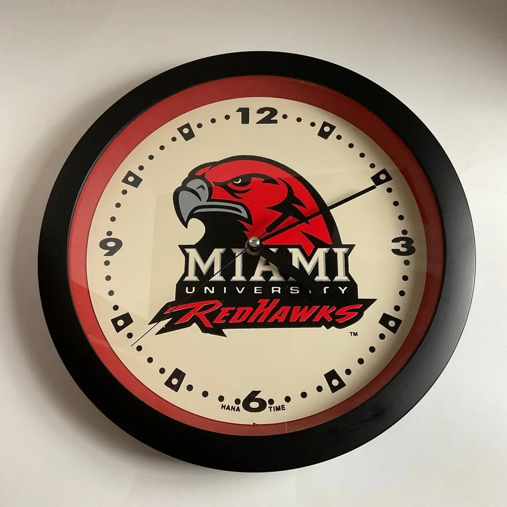 Miami University RedHawks Wall Clock Hana Time NCAA Sports Decor Black Red 12in